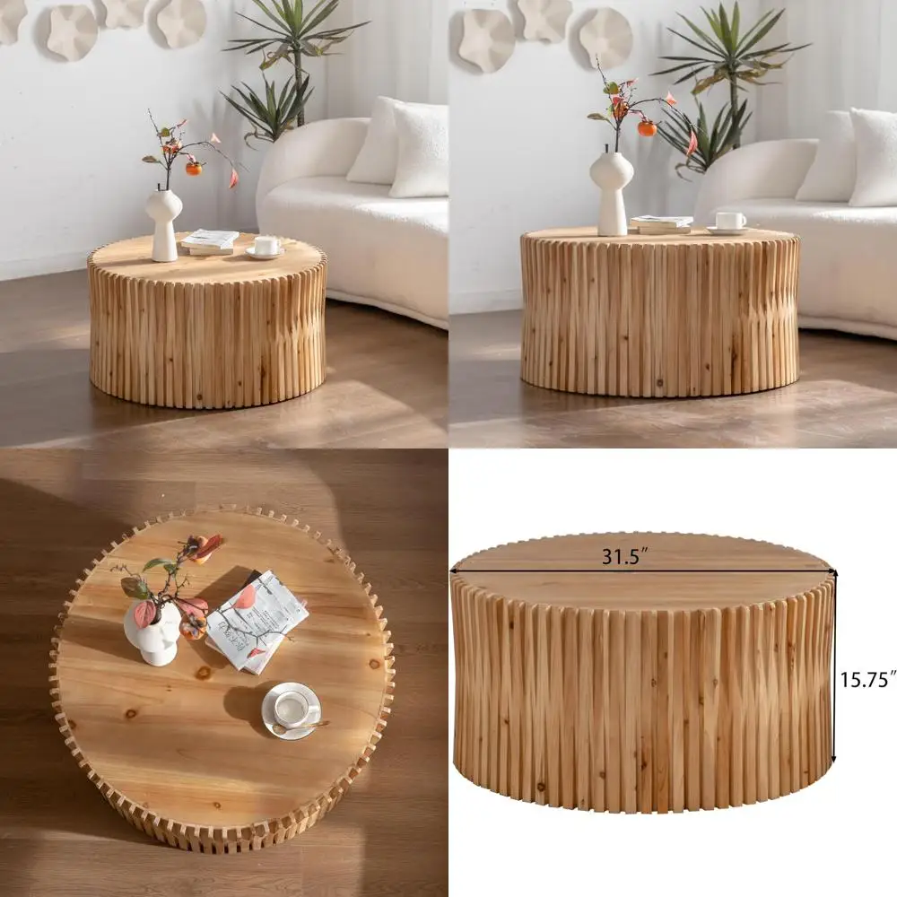 

Vintage Fluted Coffee Table with Vertical Texture, Boho Style, Suitable for Living Room
