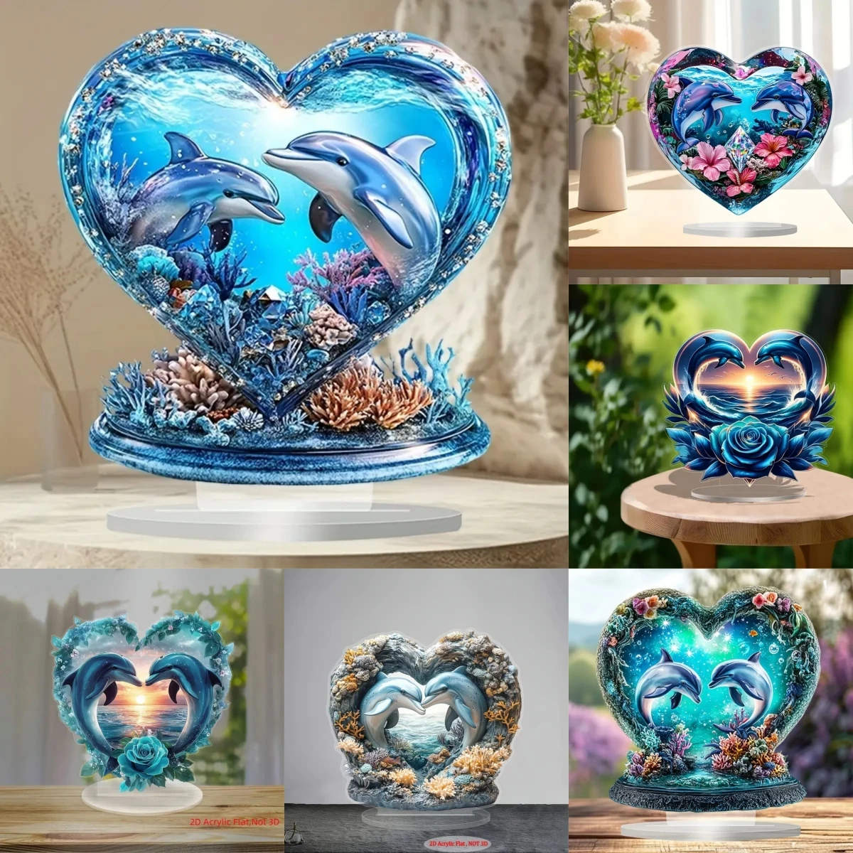 Romantic Heart Shape Dolphin 2D Flat Acrylic Tabletop Decor ,Home,Cafe,room,Studio,display Case, Ornament Desktop Kit Gift Sign