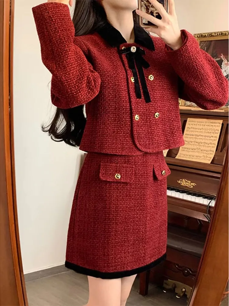 UNXX Curvy Slimming Red Bouclé Dress Sets Women Autumn Winter Socialite Luxury Bow Coat Skirt Two-Piece Set High Quality Fashion