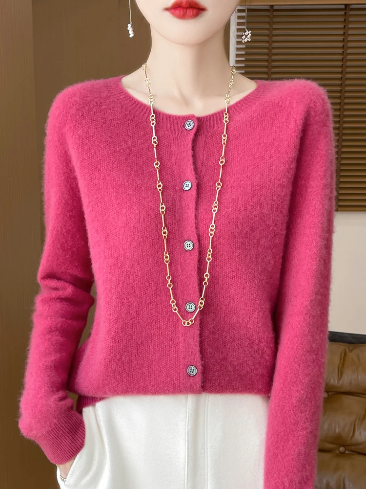 

Повседневный свободный женский однотонный кардиган с круглым вырезом и длинными рукавами на пуговицах, 100% мериносовая шерсть, нежный мягкий теплый вязаный свитер, одежда, топы