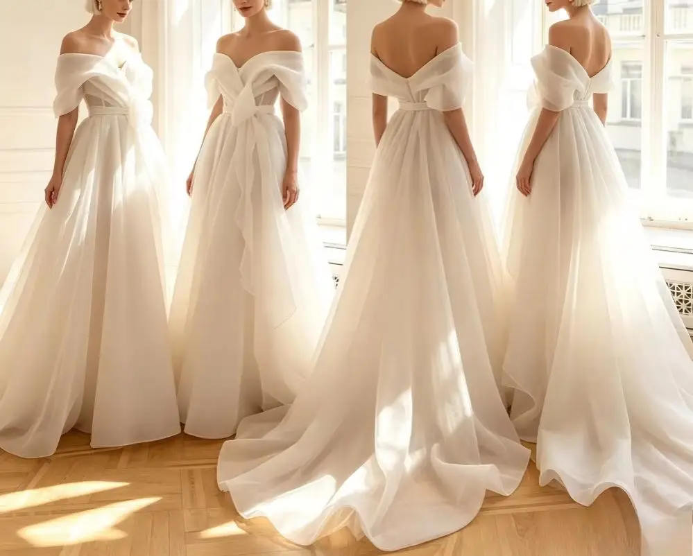 Customized Off Shoulder Organza Ribbon Bow Wedding Dresses 2026 White Elegant Sleeveless Sweetheart Chiffon Fluffy Bridal Gown