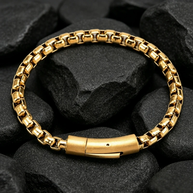 6mm Box Chain Bracelets for Men, Basic Punk Gold Silver Color Stainless Steel Links Wristband, Casual Male Jewelry 22cm Long