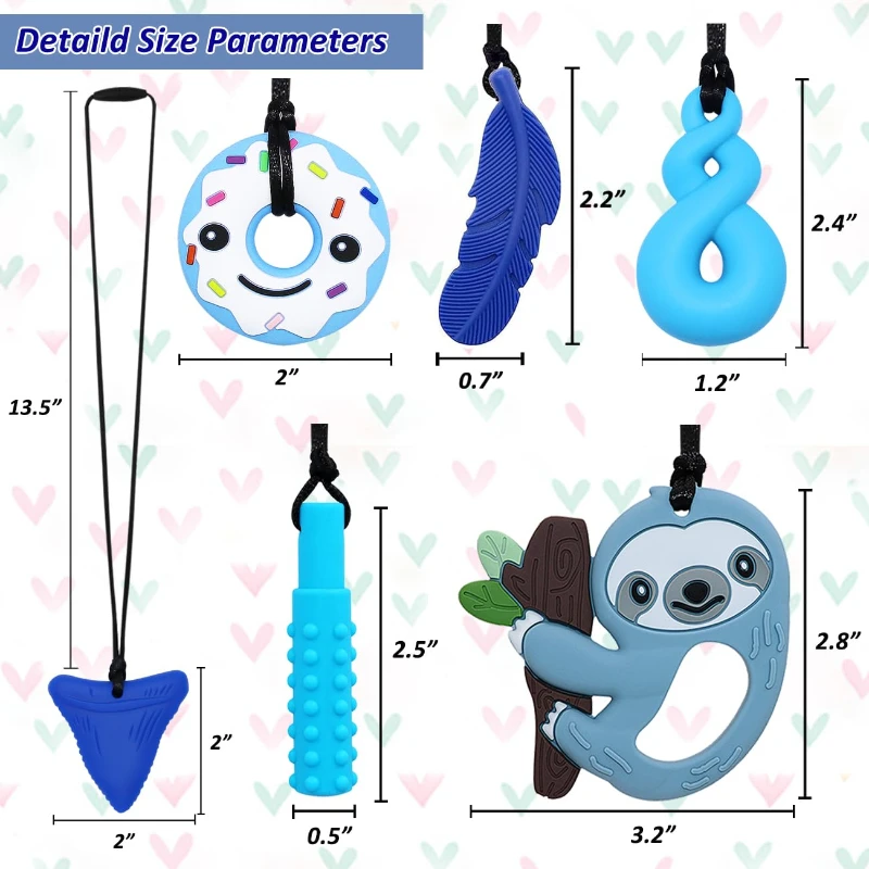 Collar sensorial para masticar para niños y niñas, juguetes de silicona con TDAH, autismo, ansiedad, dentición sensorial, 5 piezas por juego