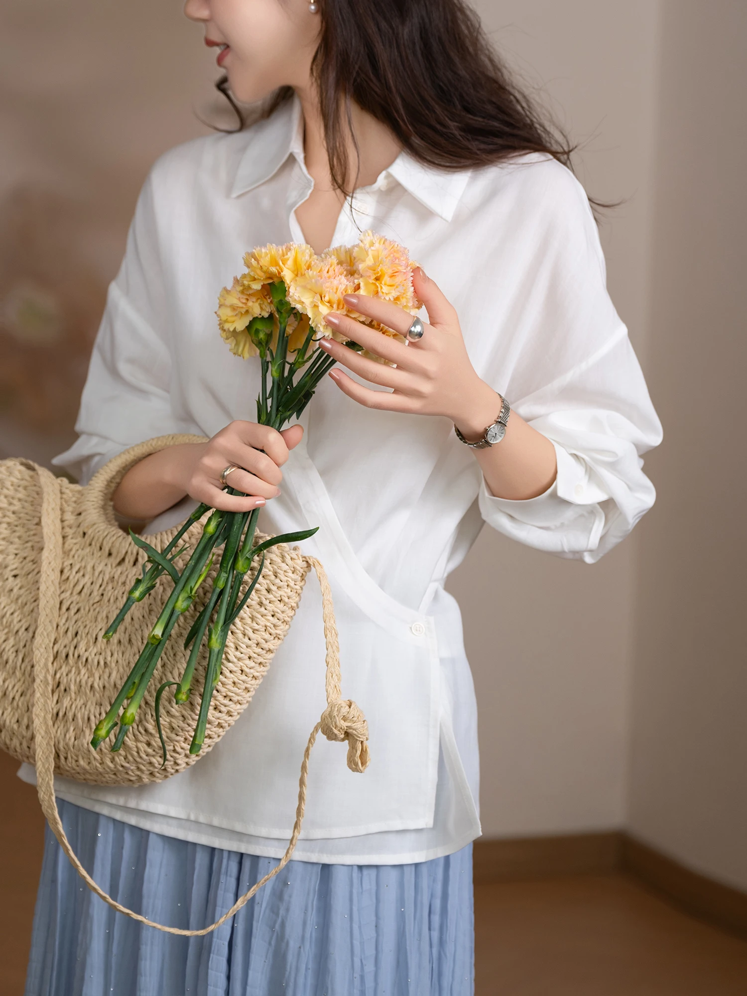 

Breathable Lightweight Shirt by Little Ear 100% Lyocell Fabric One-Style-Two-Wear Fine Mesh Irregular Placket Belted Shirt