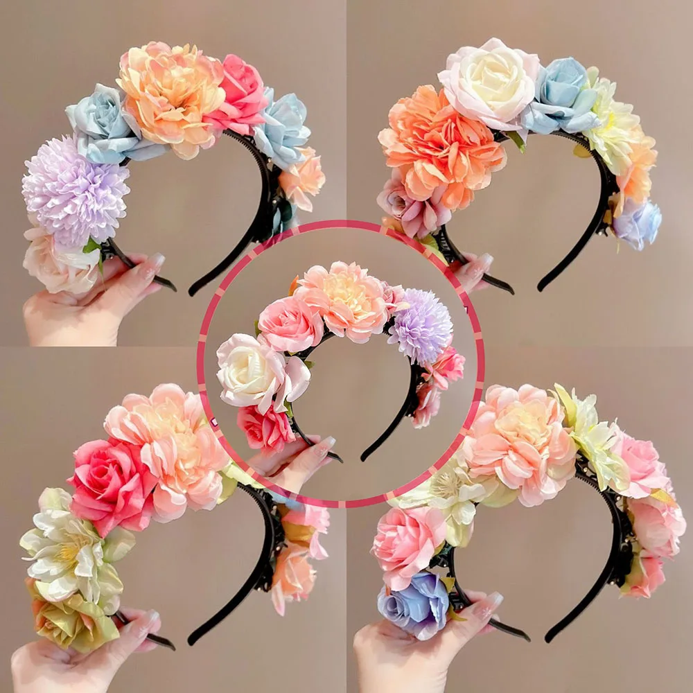 Women Head-Dress Colorful Flower Headband Hair Wreath Wedding Party Costume Headpiece For Bridal Women Fashion Hair Accessory