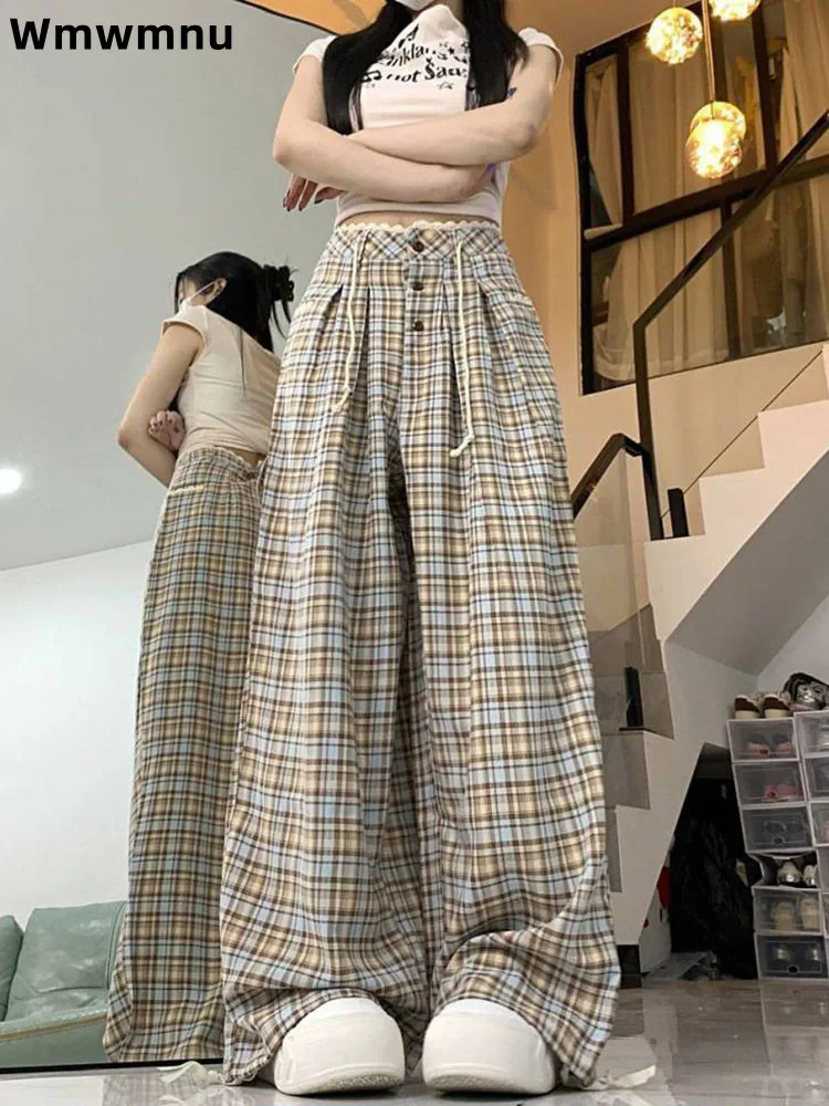 

Классические клетчатые кружевные лоскутные брюки, женские повседневные прямые брюки на шнурке, корейские модные широкие брюки с высокой талией