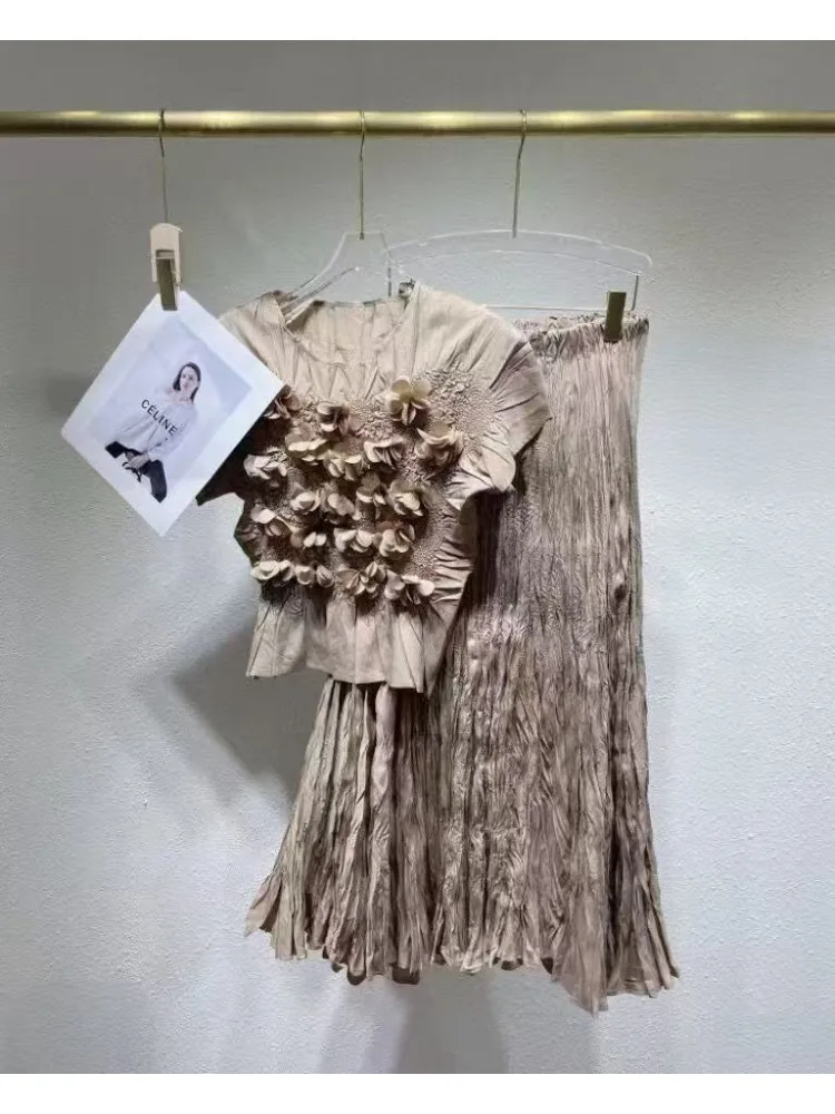 miyake Pleated Two Piece Sets Women Niche Design Short Sleeve Top + A Line Skirt New Solid Color Loose New 2025 Vintage