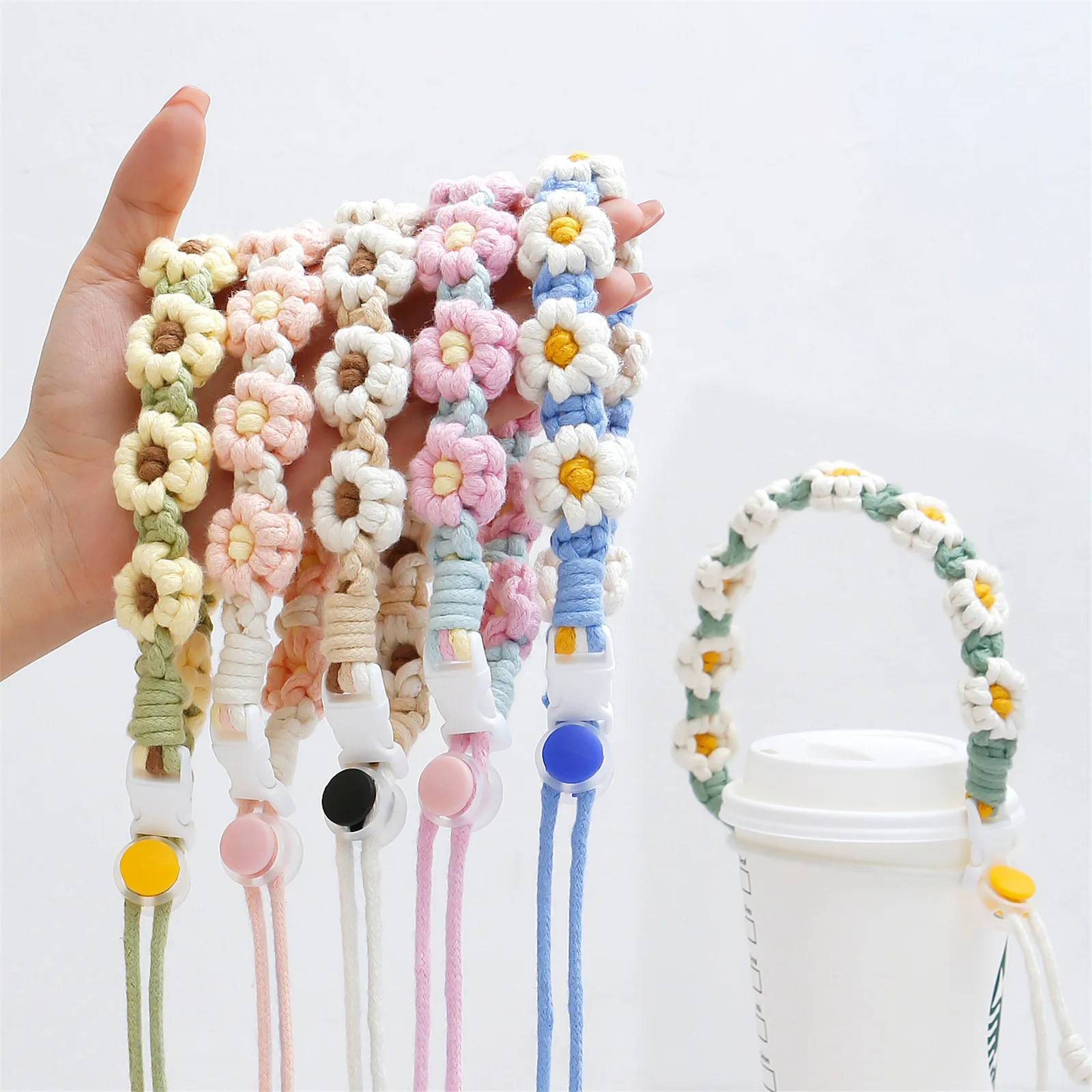 1pcs Handmade Woven Flower Coffee Cup Hand Strap Personalized Key Chains Gifts Stylish Milk Tea Cup Carrying Straps Customizable