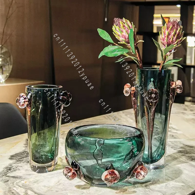 Home Decor Modern Turquoise Handmade Tall Vase, Thickened Glass & Crystal Flower Vase