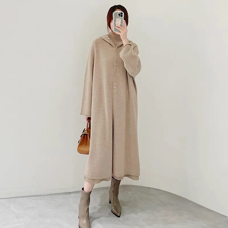 Women's Coat Medium Long Pure Wool Cardigan Loose Hooded Collar Button Sweater Long Coat Knitted Cashmere Sweater Long Skirt New