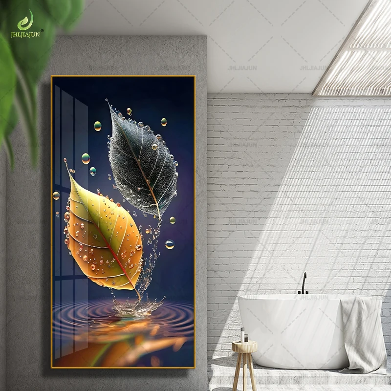 Modern minimalist living room decoration painting with water droplets, leaves, porcelain murals, corridor hanging paintings