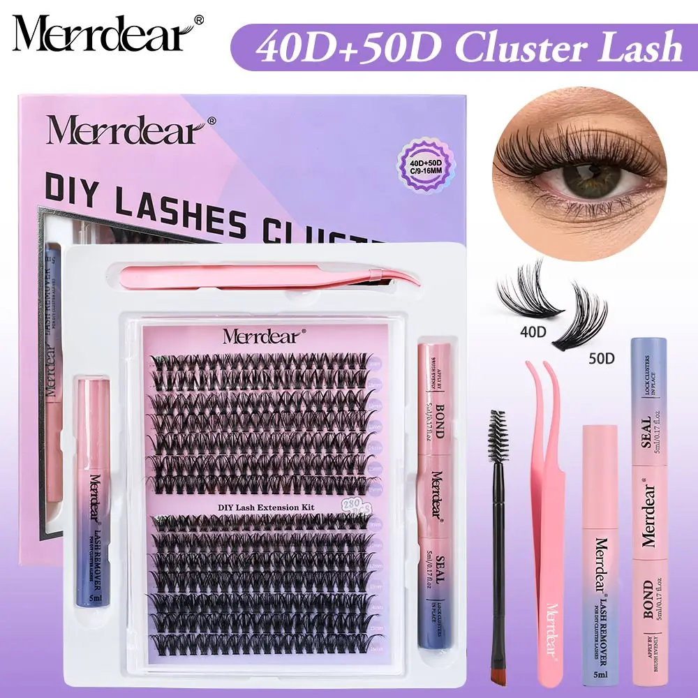  Merrdear DIY 280 PCS Cluster Lashes 3D Natural Bunch 9-16mm Segmented Beam Mink Tufted Eyelash with Bond & Seal C D Curl