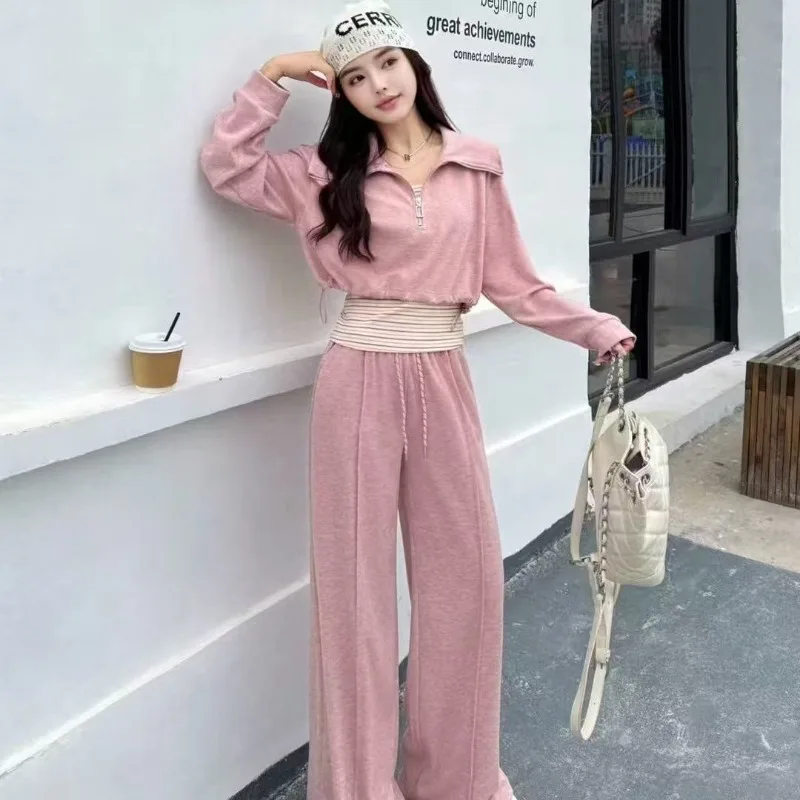2025 봄 가을 신상 캐주얼 그레이 숏 스웨트셔츠 슬링 팬츠 3피스 수트 여성 스포티 스타일 탑 스트라이프 베스트 트라우저 세트