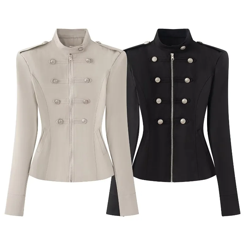 Slimming and Form-fitting Women's Top. A New Retro Metal Double-breasted Cinched-waist Jacket for Autumn Fashion, A Solid Color,