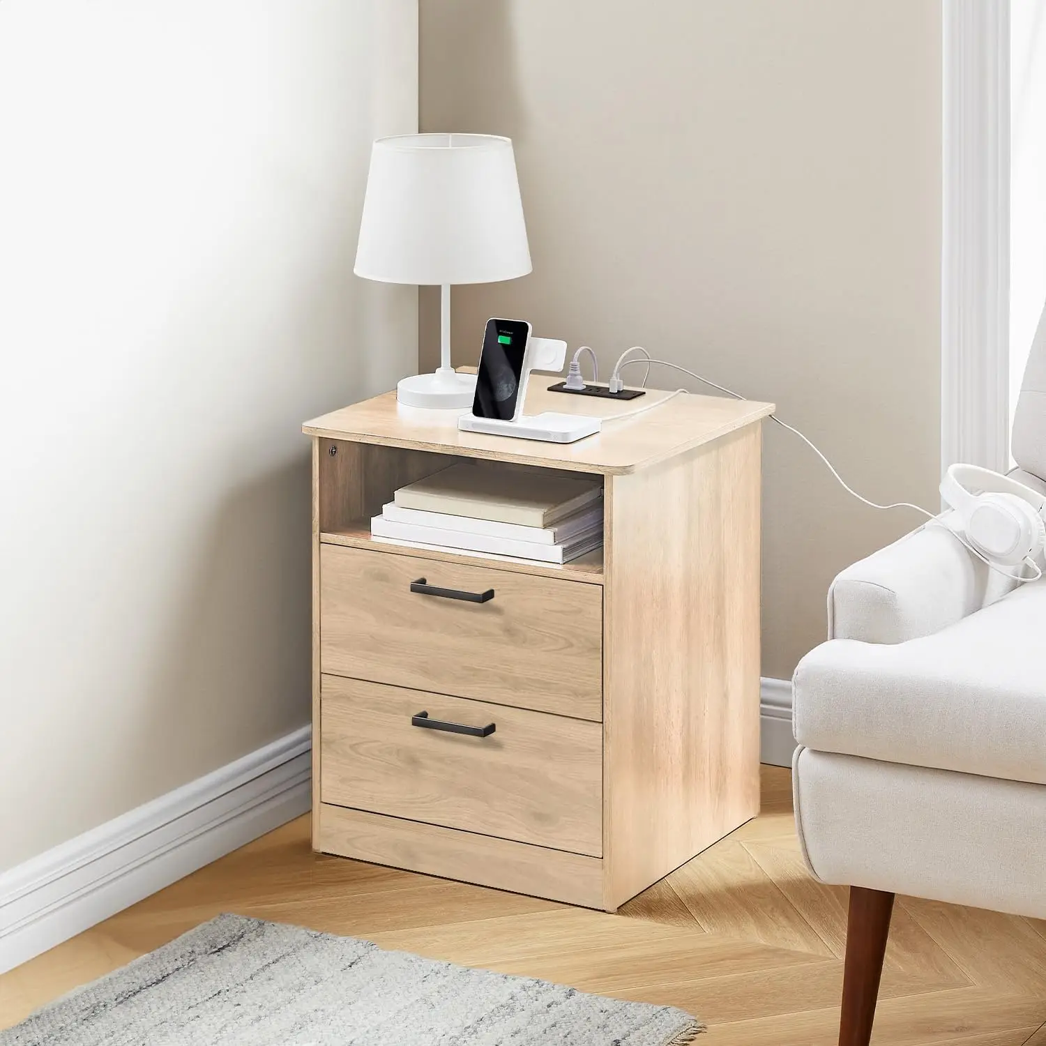 Side Table with Fast Charging Station - USB C Cable Fast Charging, Wooden Natural Nightstand Bedside Table with 2 Drawe