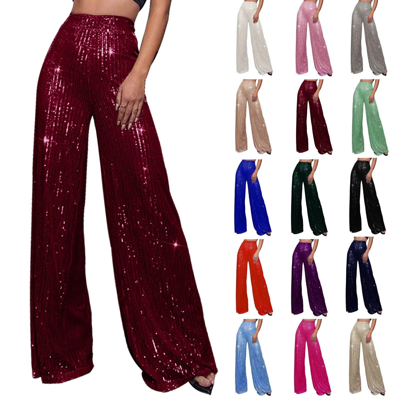 Women's High Waisted Sequin Flared Pants Casual Loose Drape Wide Leg Pants Fashion Glitter Casual Pants Party Club Shiny Pants