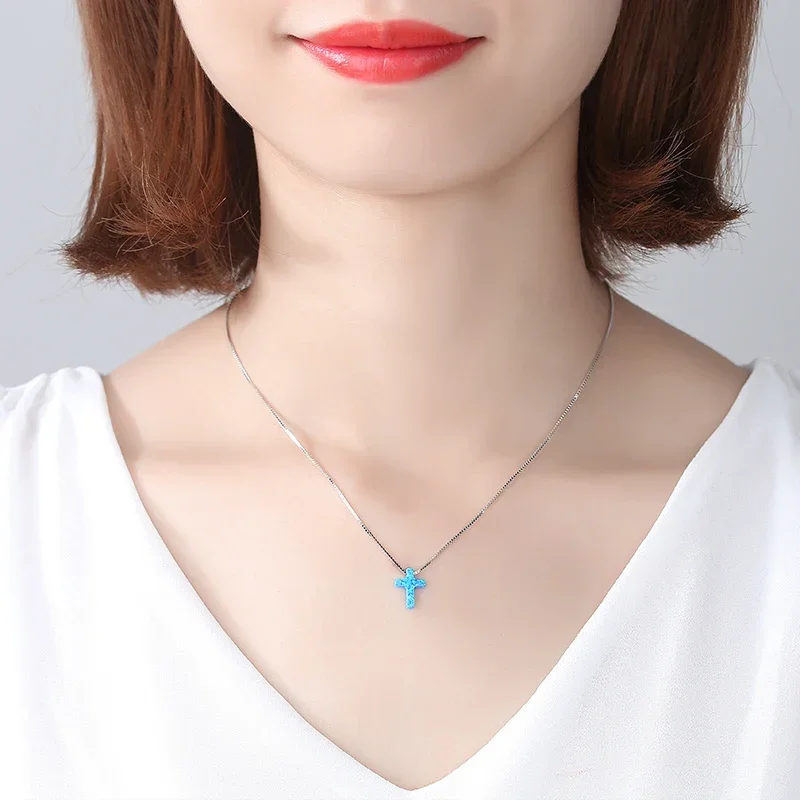KALETINE Women Cross Opal Necklace Genuine 925 Sterling Silver Lab Opal Blue Cross Charm Opal Necklace KLTN019