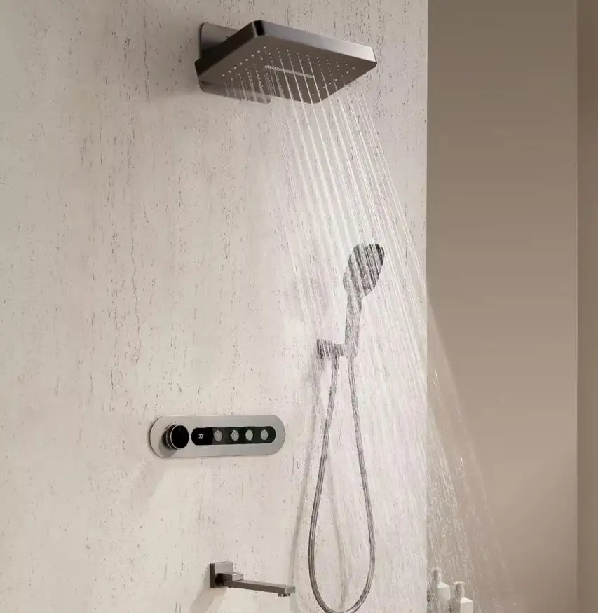 Gunmetal gray Thermostatic Shower System Set Temperature Digital Display Waterfall Shower System Rainlfall Bathroom Shower Set