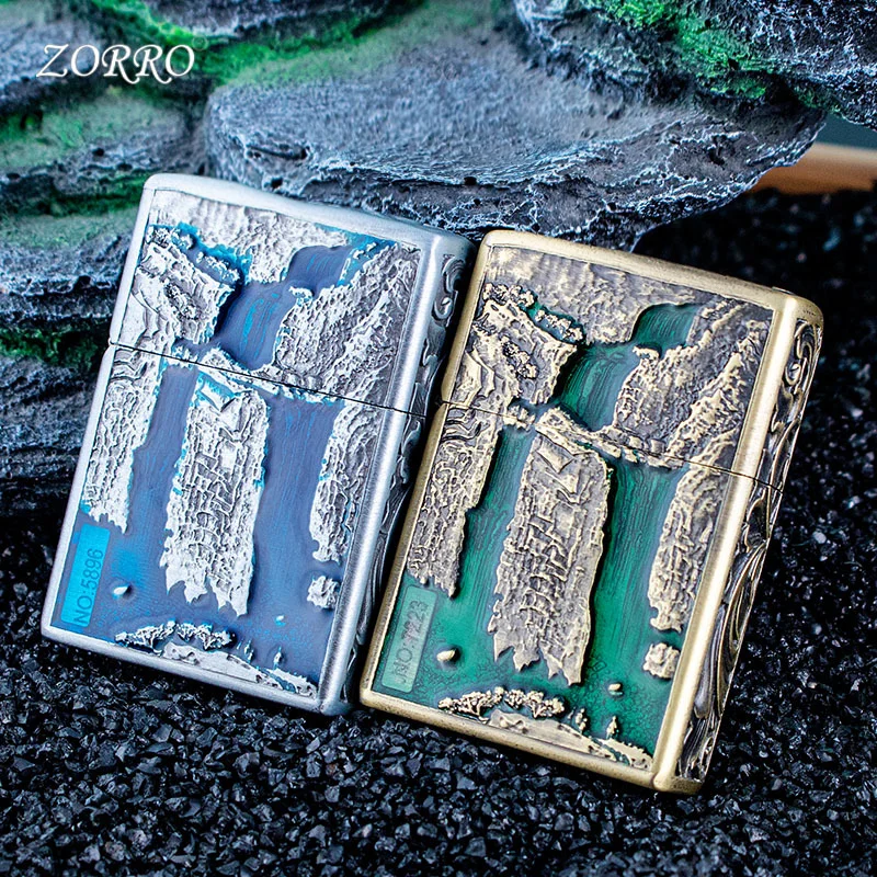 ZORRO Brass Windproof Kerosine Lighter Embossed High Mountain Flowing Water National Style Retro Vintage Grinding Wheel Ignition