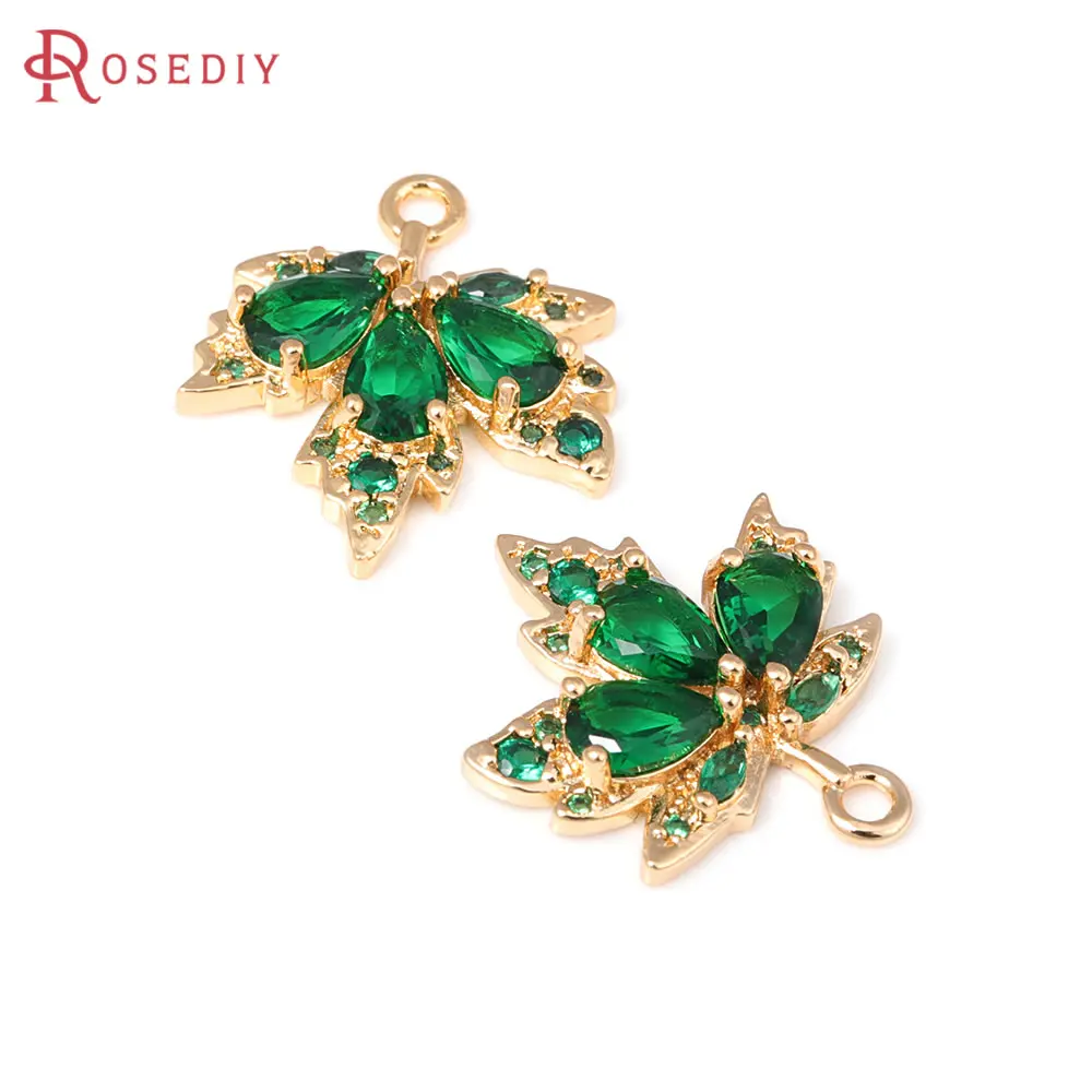 4PCS 18K Gold Color Brass and Zircon Tree Leaf Charms Pendants Diy Jewelry Making Necklace Earrings Accessories