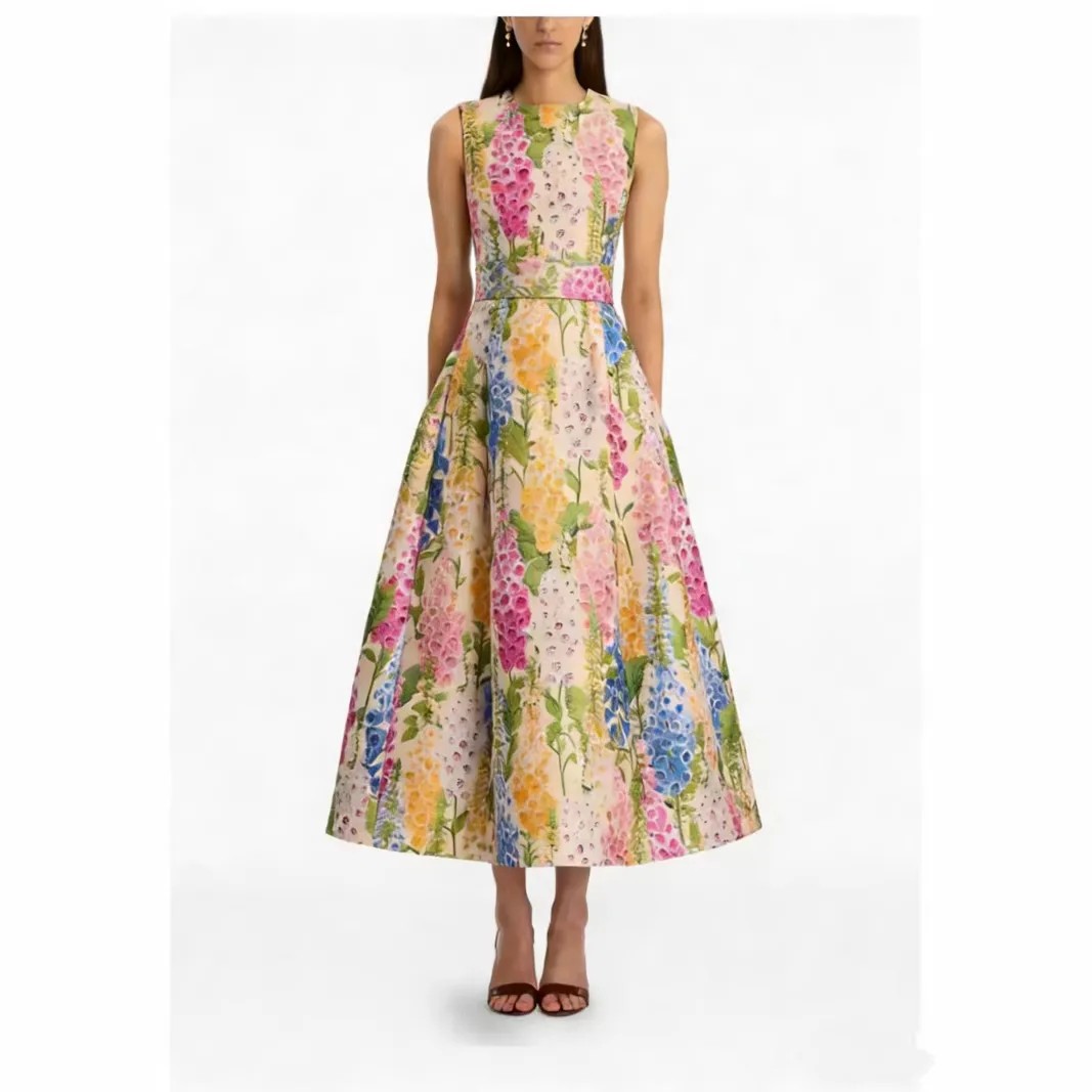 

Elegant Floral Print Maxi Dress Sleeveless A-Line Skirt High Waist Spring Summer Travel Casual Chic Style Women's Gown
