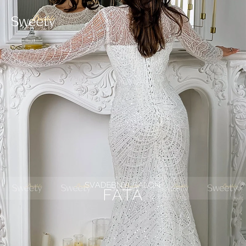 Luxuoso vestido de casamento sereia renda com miçangas vestido de baile gola alta manga cheia xale vestido de noiva personalizado novia