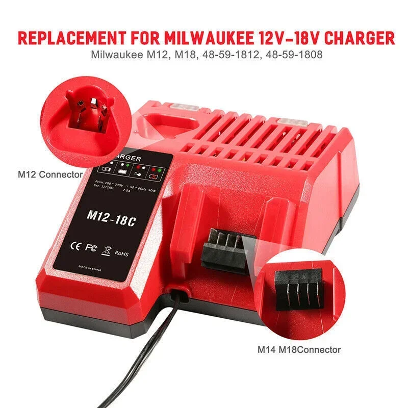 

Replace 3A 12V 14V 18V Rapid Fast Li-Ion Charger Fit For Milwaukee M12-18C Dual Port Multi-Voltage Lithium-Ion Battery M12 M18