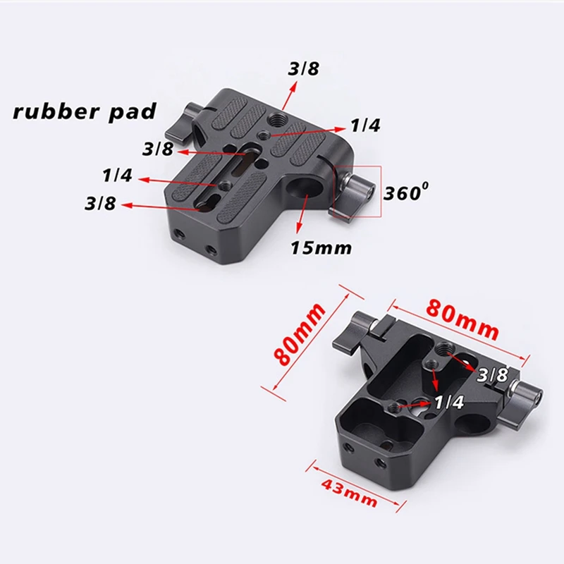 Placa de Instalação Rápida e Conduit Base, liga de alumínio preto, Double Hole Pipe Clamp, Pan Tilt Acessório, Rabbit Cage, 15mm