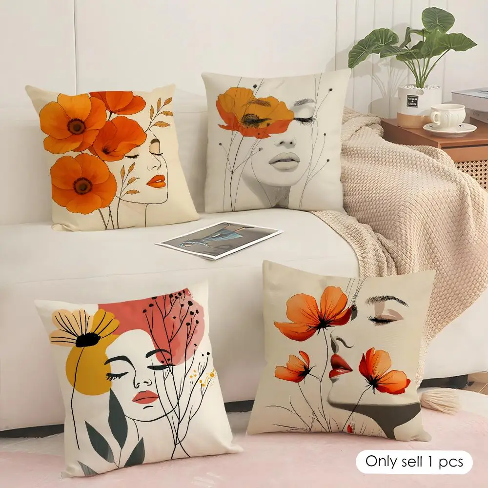 Women and Floral Art Cushion Cover Soft Short Plush Pillow Cover Smooth Cozy Texture Aesthetic Cushion Case Home Decor