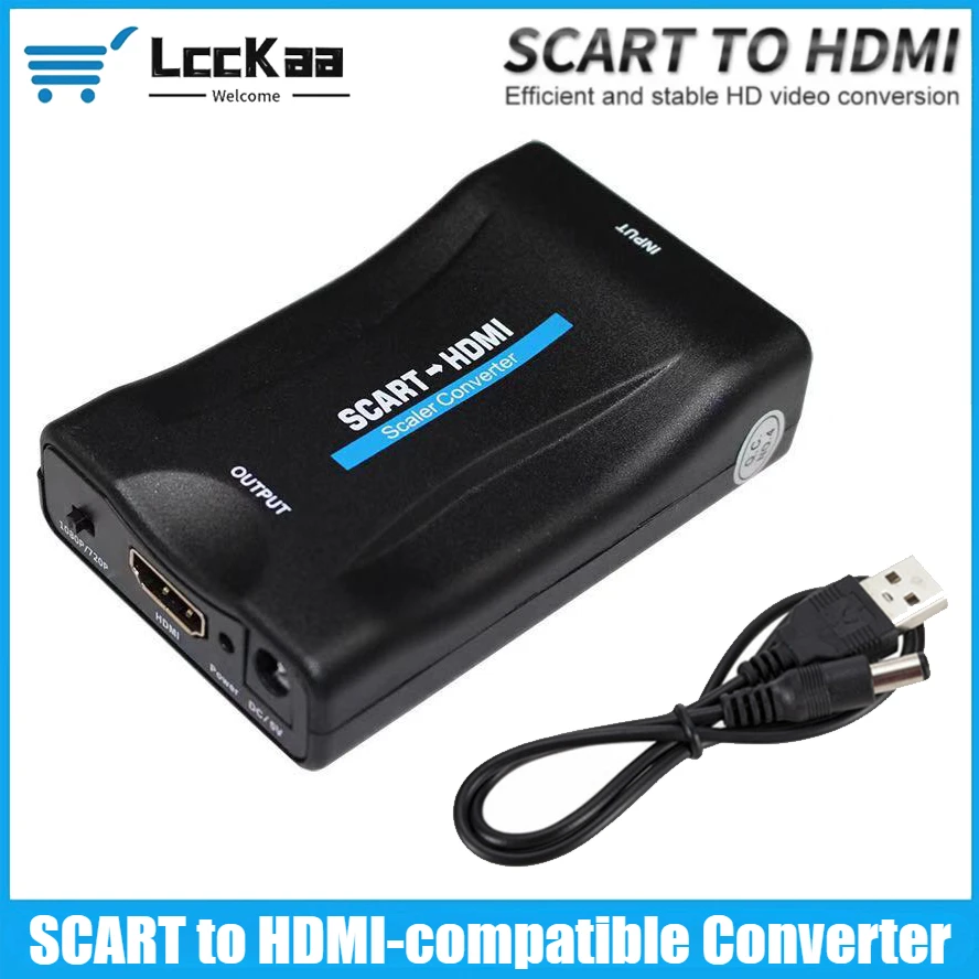 SCART To HDMI-compatible Converter 1080P Video Audio Upscale Adapter for TV DVD for Sky Box STB Plug and Play DC Cable for HDTV