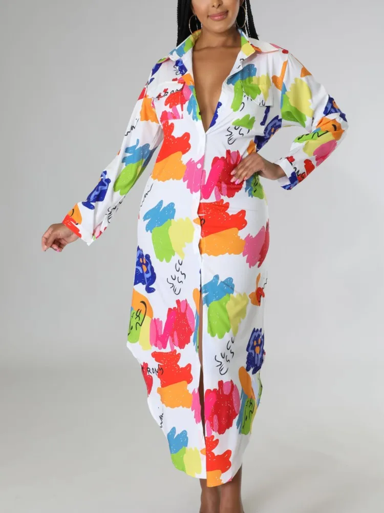 Abito camicia lunga irregolare stile spiaggia casual nuova moda autunnale elegante stampa manica lunga bottoni abiti da festa da spiaggia veste femme
