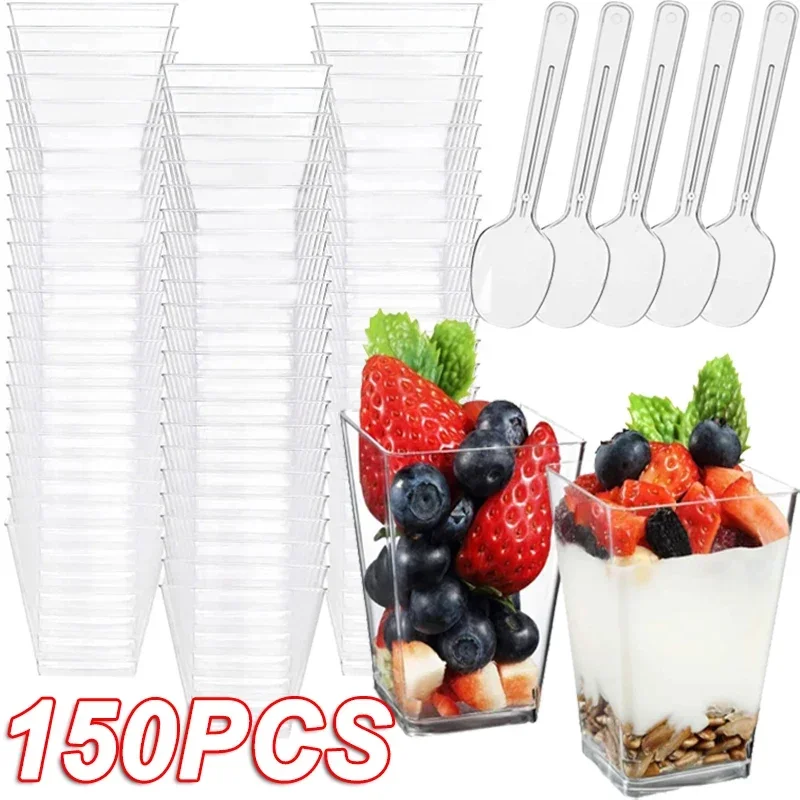 100PCS 40/20oz Mini Square Clear Plastic Dessert Cups Party with Small Plastic Dessert Cups Great for Desserts,pudding,mousse