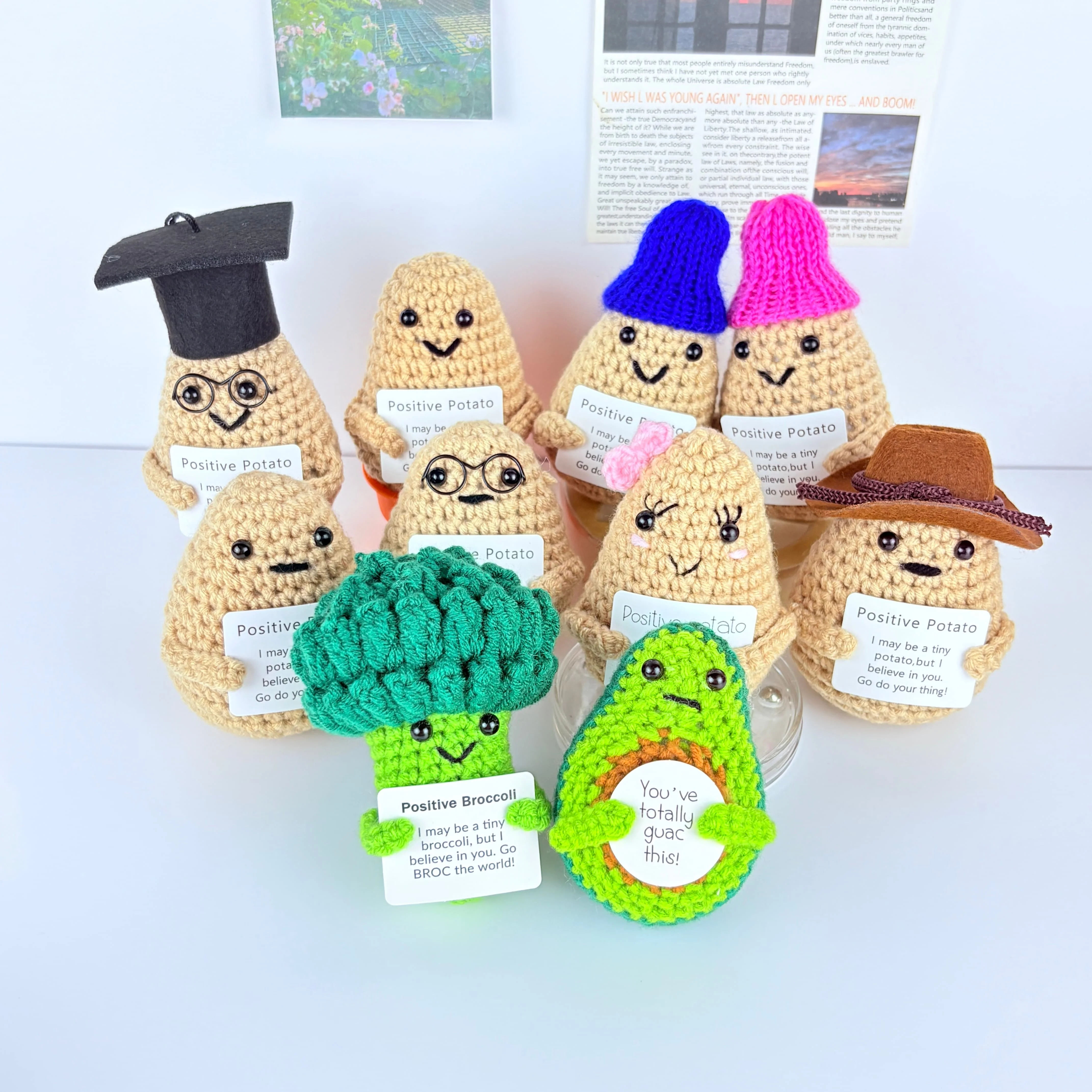 Funny Emotional Support Positive Crochet Doll Cute Handmade Desk Desktop Car Decor Positive Potato Cat Dog Duck Positive Gifts