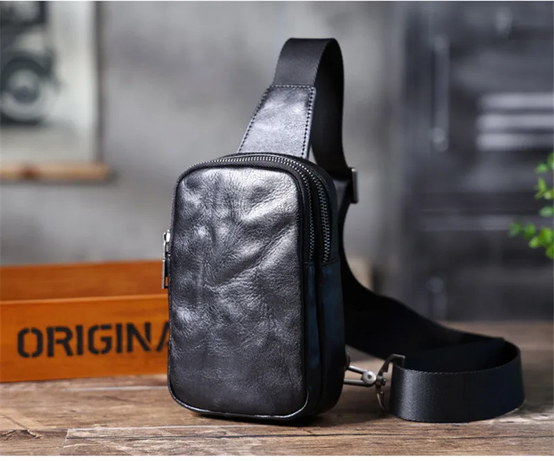 Casual high-quality genuine leather men's pleated black small chest bag designer handmade luxury cow leather shoulder bag