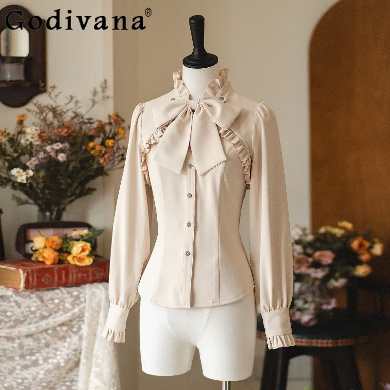 

Новая женская блузка с длинным рукавом в японском ретро-стиле с рюшами и воротником-стойкой, универсальная модель весна-осень 2026