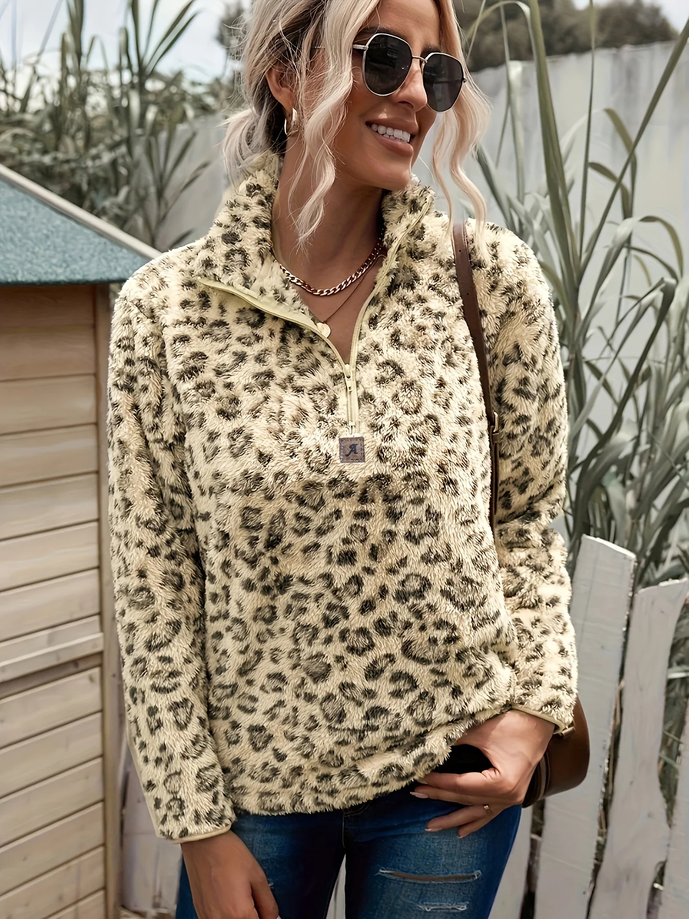 Plus Size Casual Sweatshirt, Women\'s Plus Leopard Print Long Sleeve High Neck Zipper Sweatshirt