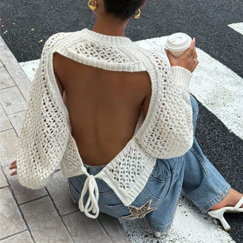 

BKLD 2026 New Style Street Style Sexy Open Back Knitted Hollow Out Strappy Women's O Neck Pullover Loose Solid All-match Sweater