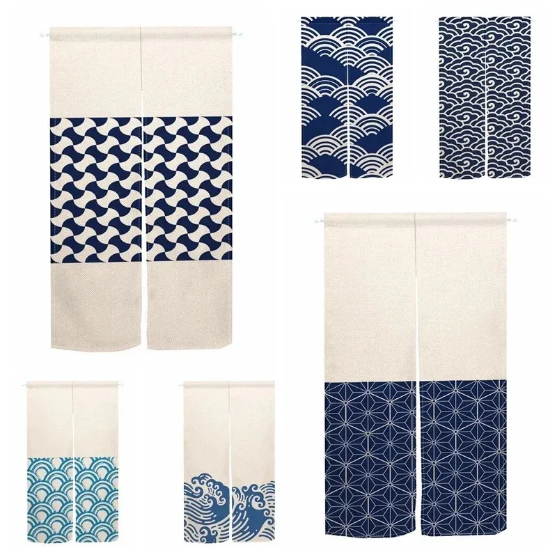 Japanese Wave Geometric Pattern Linen Door Curtain Home Decoration Izakaya Kitchen Entrance Half Curtain