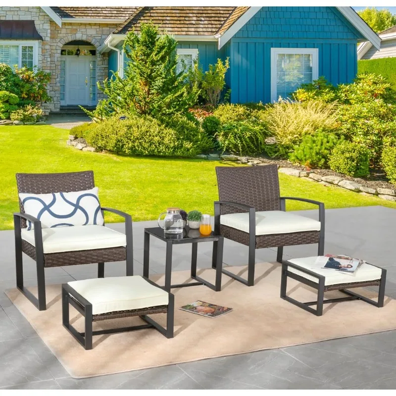 5 Pieces Patio Bistro Set, Outdoor Wicker Furniture Set Modern Rattan Patio Chairs with Side Table & Ottomans