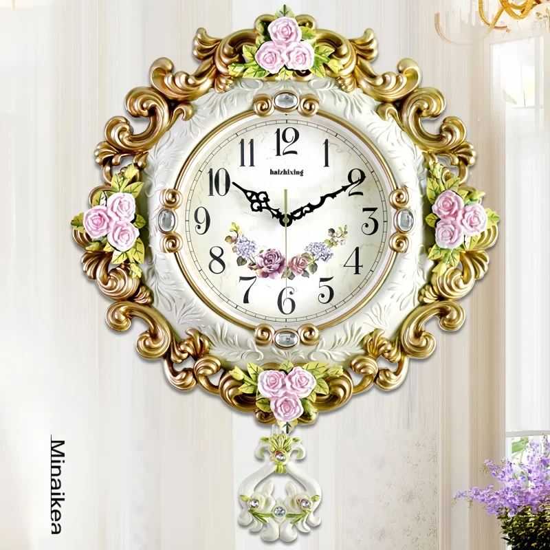 European and American Retro Pastoral Style Wall Clock - Modern Living Room Bedroom Wall Clock  Simple and Creative Quartz Clock