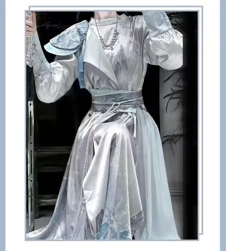 Hanfu Peri Kuno untuk Pria & Wanita, Jubah Leher Bulat Tradisional Tiongkok, Pakaian Cosplay Penembak Pedang untuk Acara Halloween yang Awet Muda