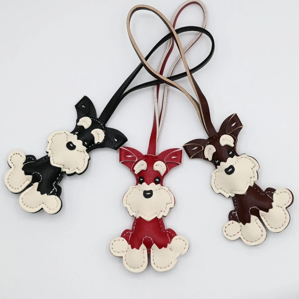 Cute PU Leather Schnauzer Keychain Cute Puppy Animal PU Leather Hanger Car Keyring Fashion Bag Pendant Men