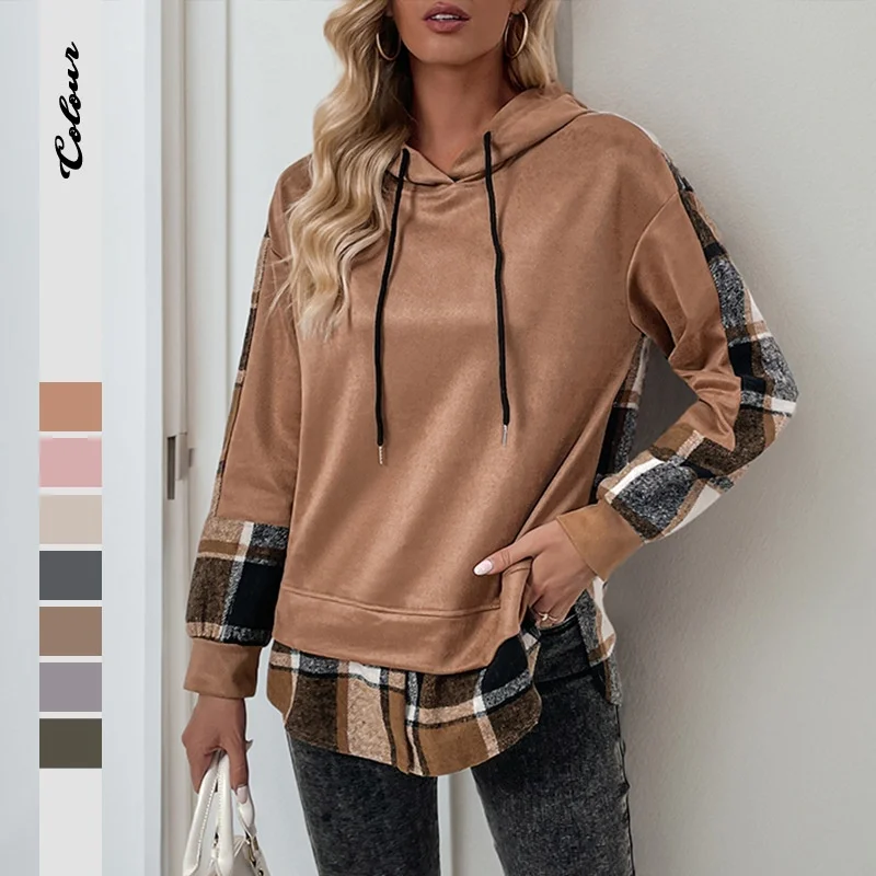 

2025 Faion, повседневная ретро-толстовка с длинной клетчатой строчкой, женская толстовка из удобного мягкого материала, весенний сезон