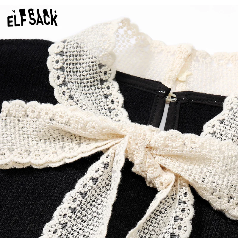 ELFSACK 2024 Winter New Arrivals Elegant lace patchwork slim tie bow pearl button French knit sweater