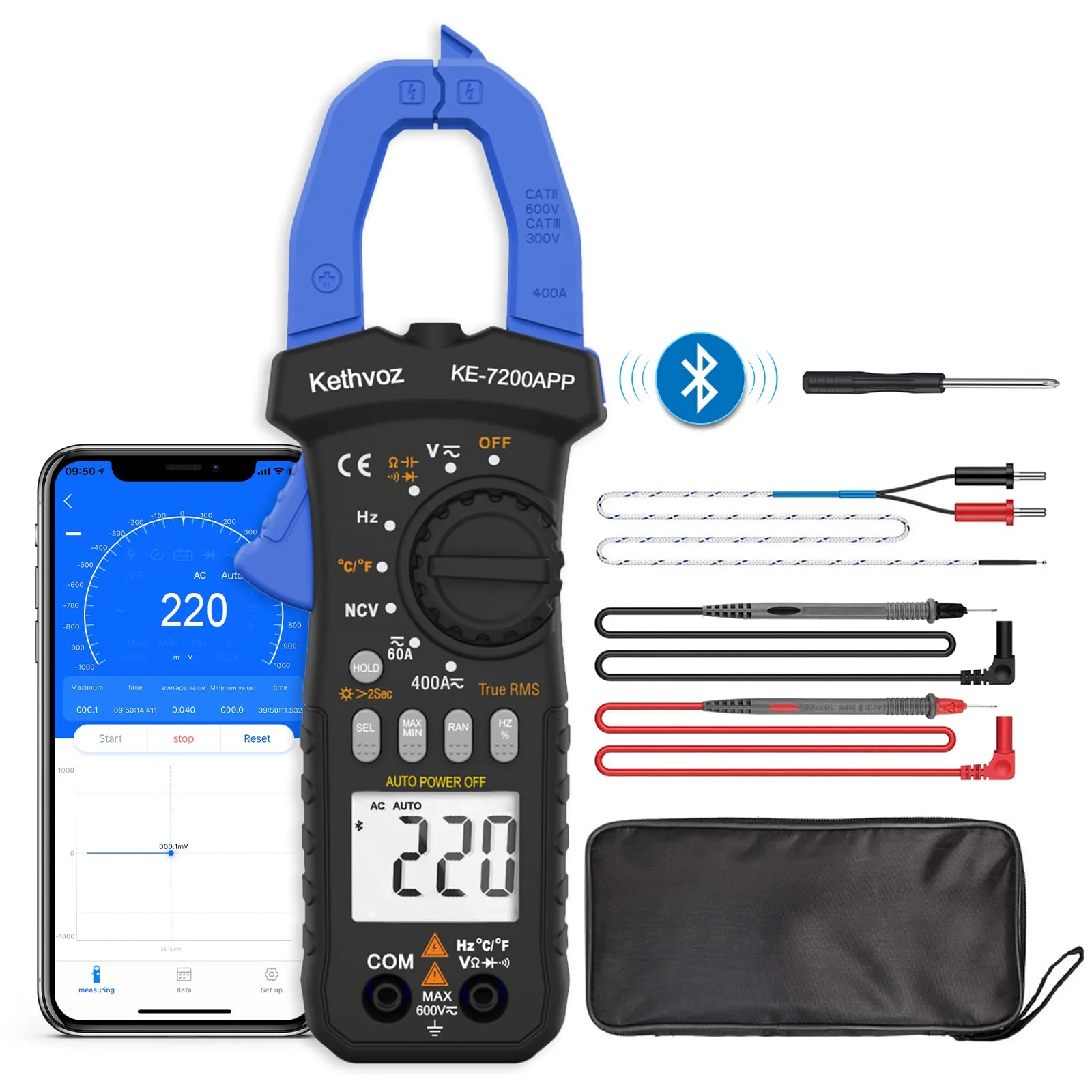 

Digital Clamp meter TRMS 6000 Counts, Non-Contact AC/DC Voltage Measurement, Bluetooth App for HVAC, Inrush Current & More