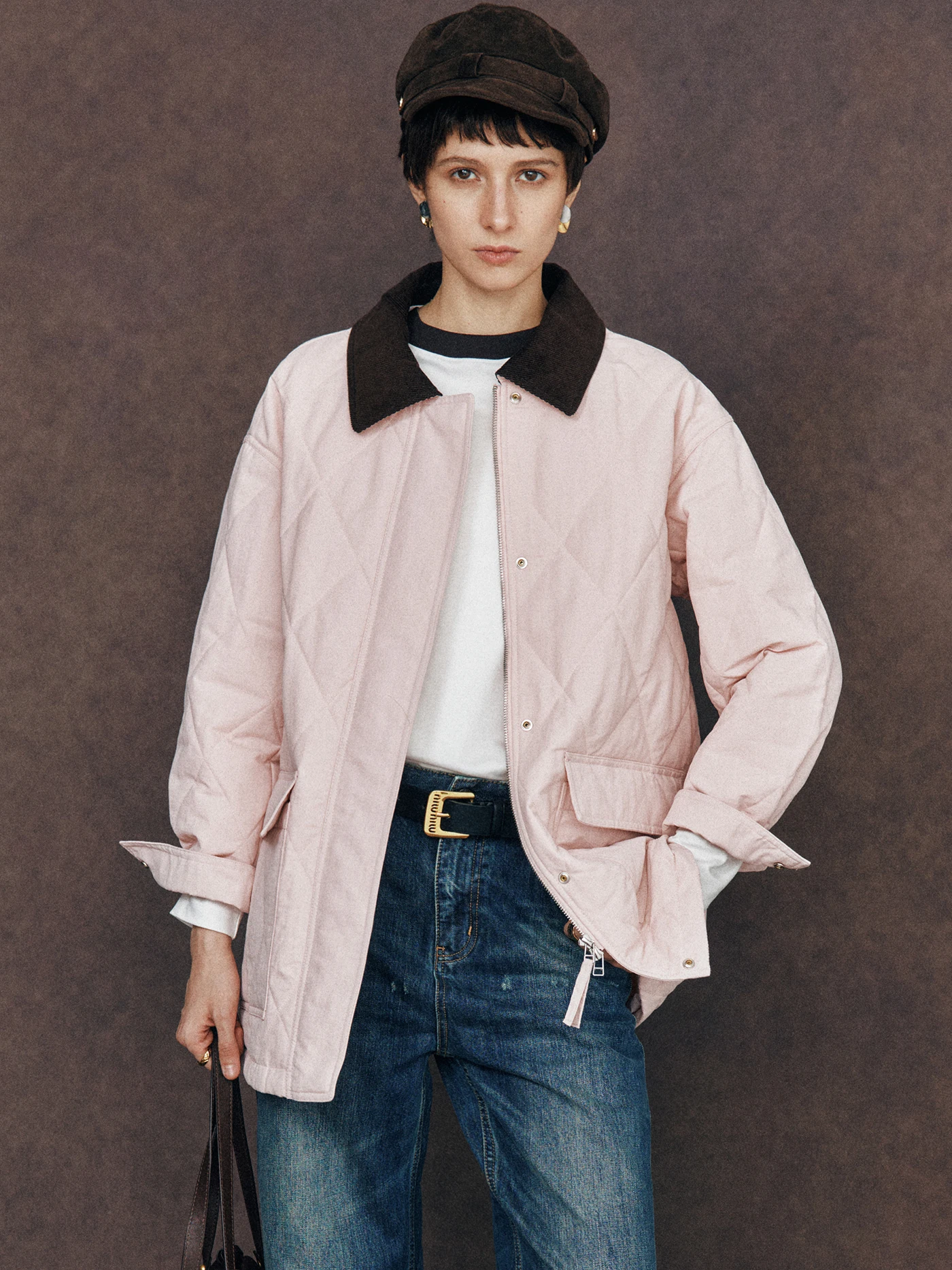 

Barn Faion Corduroy Collar Color Blo Sewing Cotton Jaet Outerwear Retro Sle Long Sve Zipper Closure Color Coat