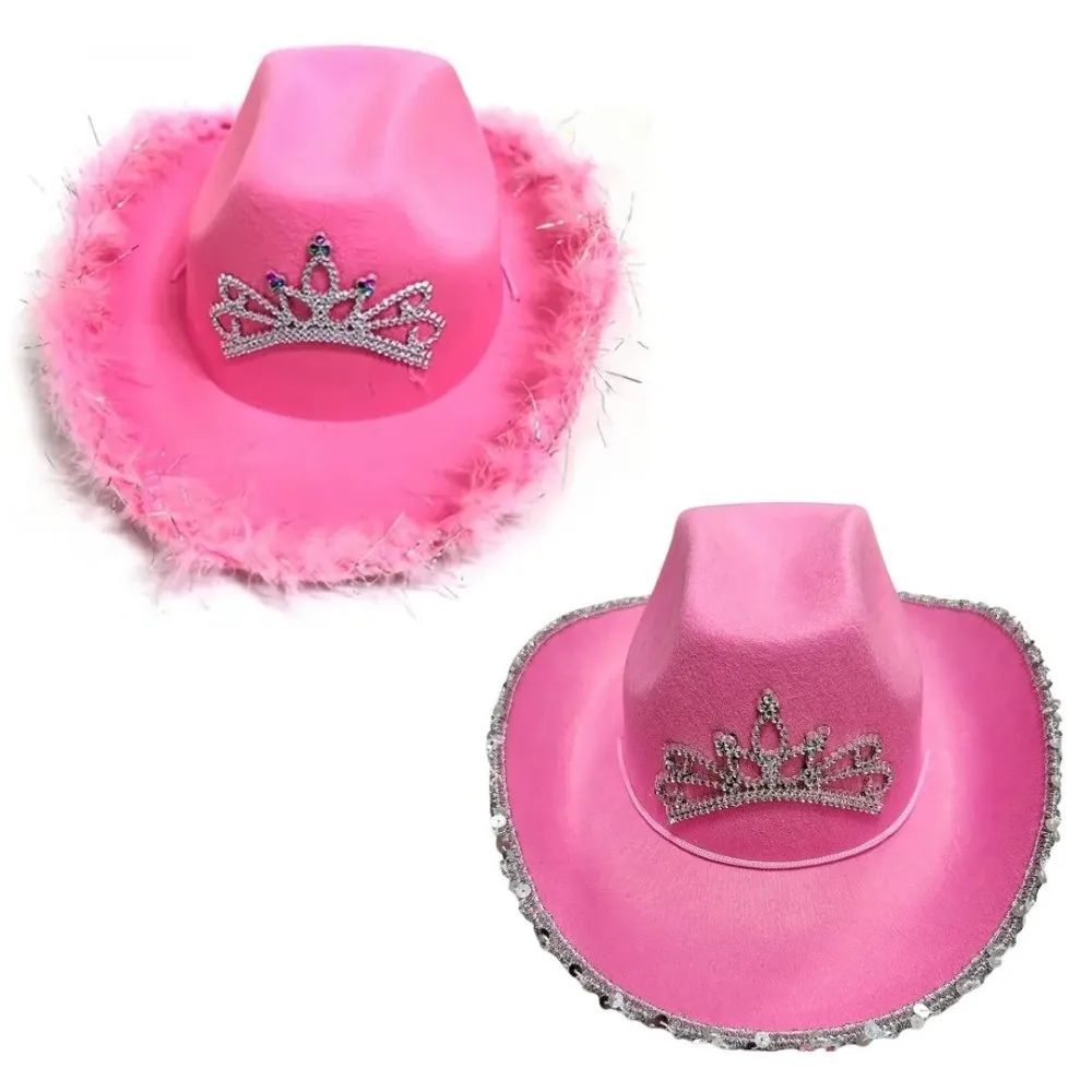 Pink Color Western Cowboy Cap Feather Edge Rhinestone Tiara Cowgirl Hat Sequin Decoration Western Sequin Cowboy Cap