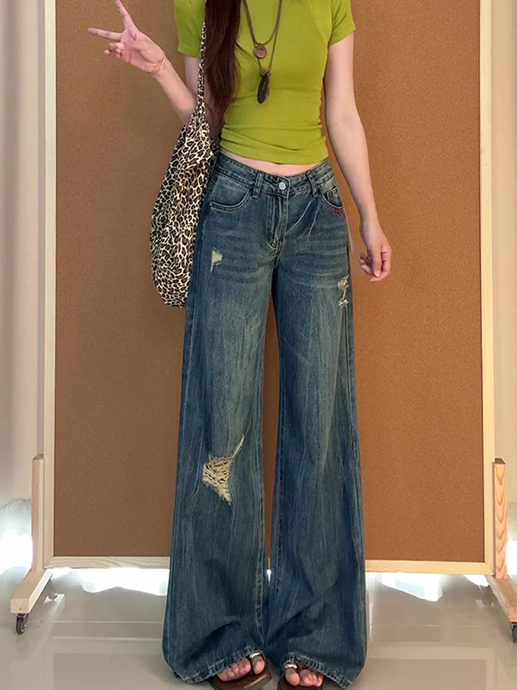

Low Waist Distressed Denim Jeans Y2K Millennium Style Women's Summer Vintage Slimming Loose Floor-Length Pants