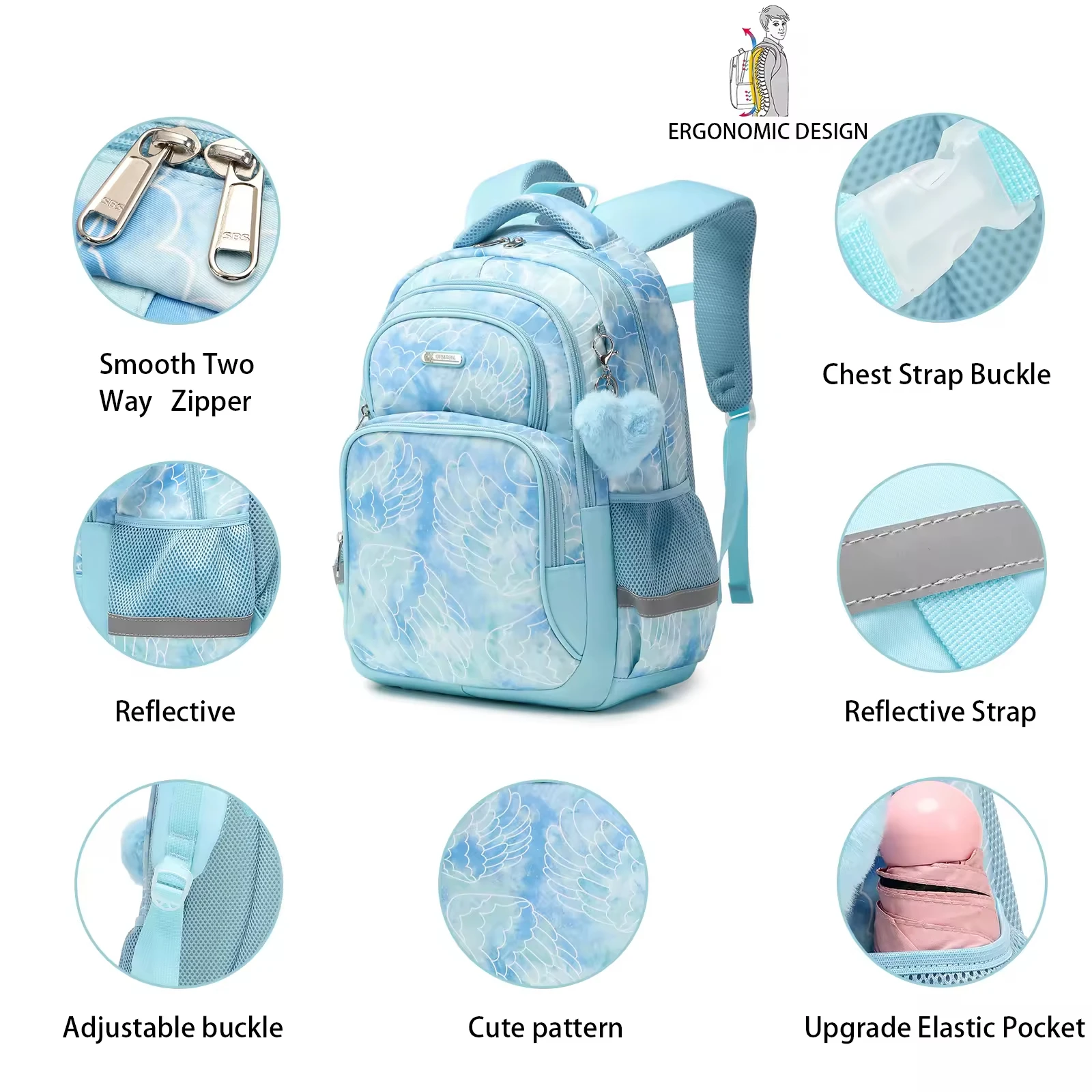 Mochila dos desenhos animados de alta qualidade com asas verdes para meninas, Sacos escolares impermeáveis para crianças, Saco dos desenhos animados para estudantes elementares, Cusangel