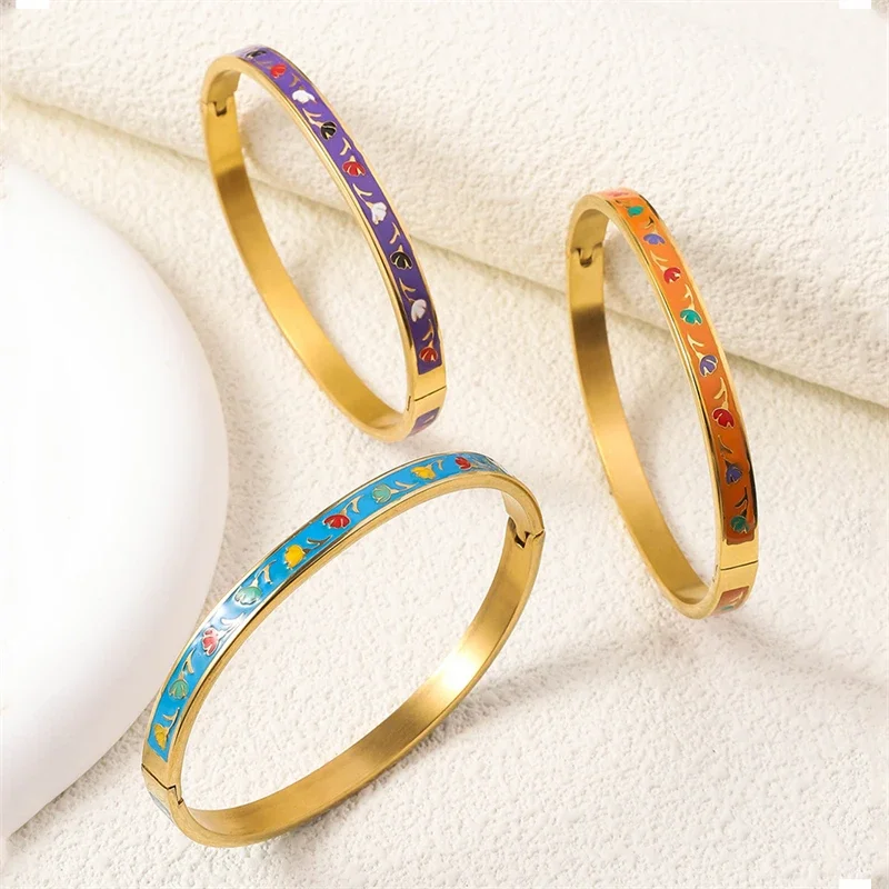 Fashion Stainless Steel Oval Bangle for Women Gold Color Geometric Colorful Enamel Painted Bracelet Wedding Jewelry